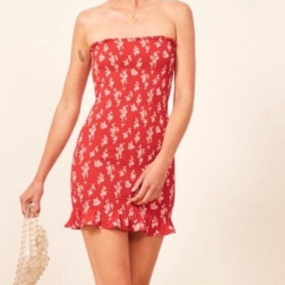 Reformation Strapless mini red floral dress